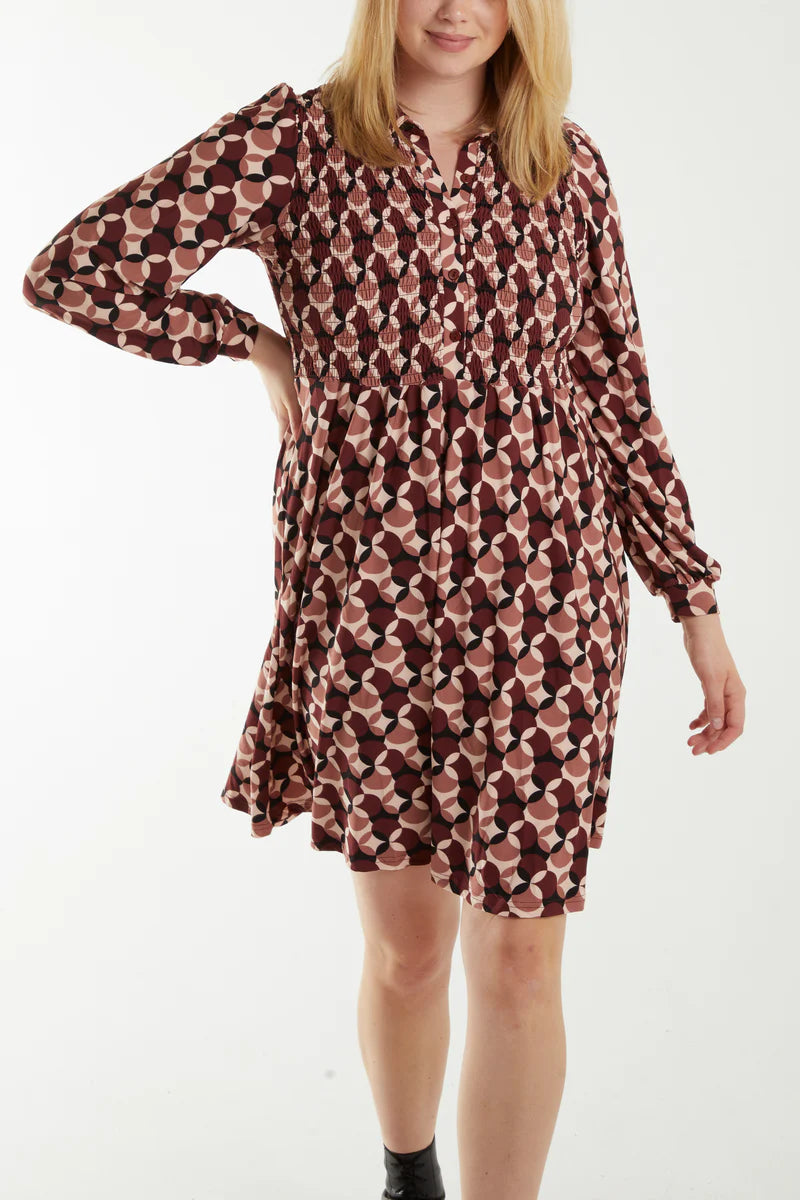 Geometric Print Shirred Bust Shirt Dress