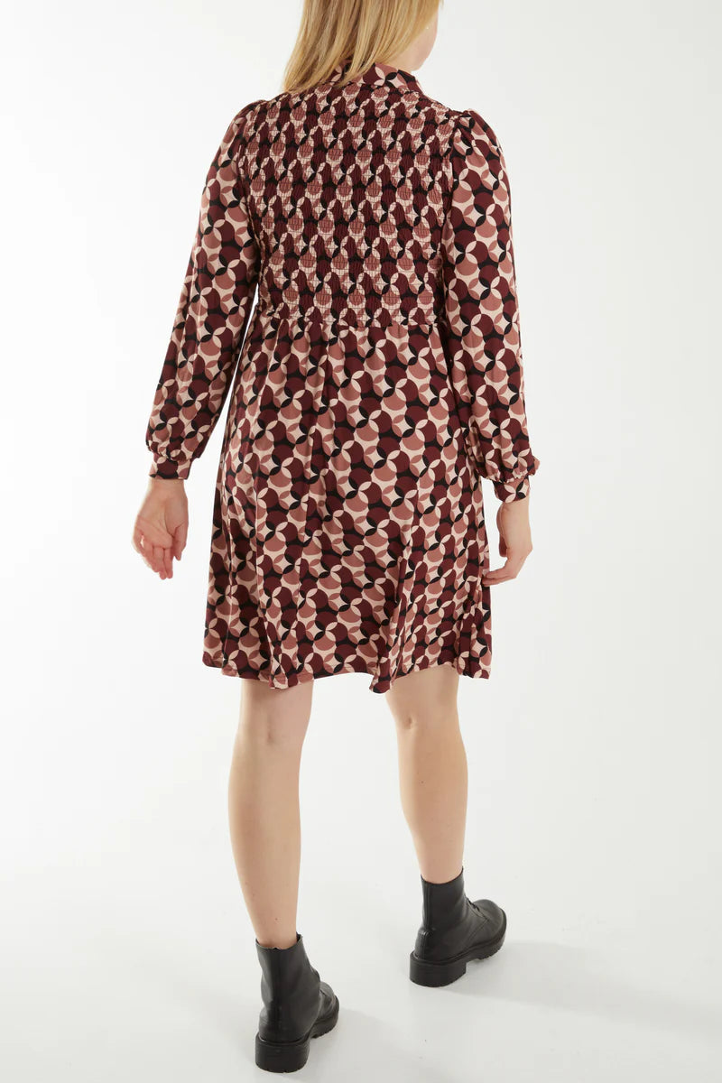 Geometric Print Shirred Bust Shirt Dress