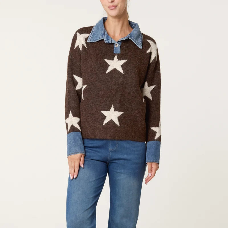 Wild Flower NL261538 Denim Collar Star Knit Jumper
