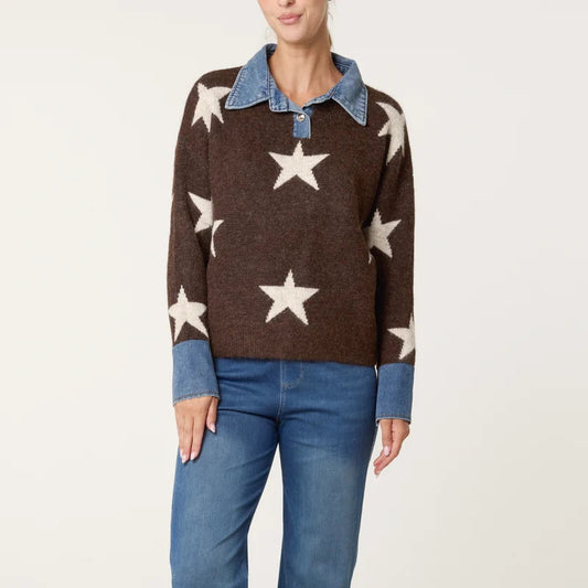 Wild Flower NL261538 Denim Collar Star Knit Jumper