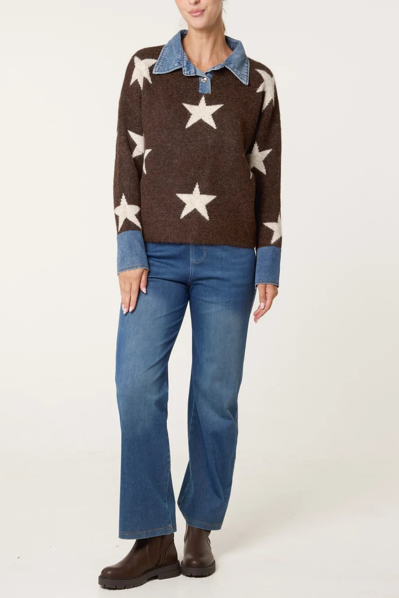 Wild Flower NL261538 Denim Collar Star Knit Jumper