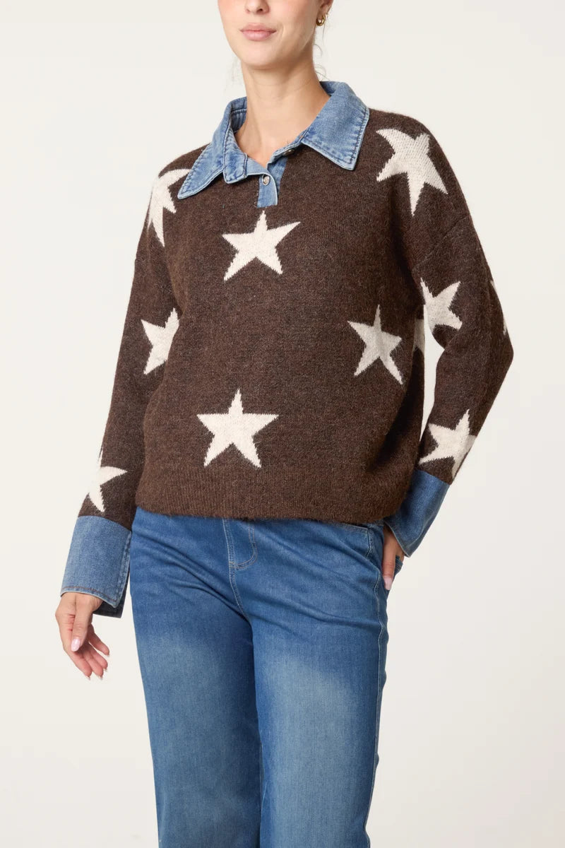 Wild Flower NL261538 Denim Collar Star Knit Jumper