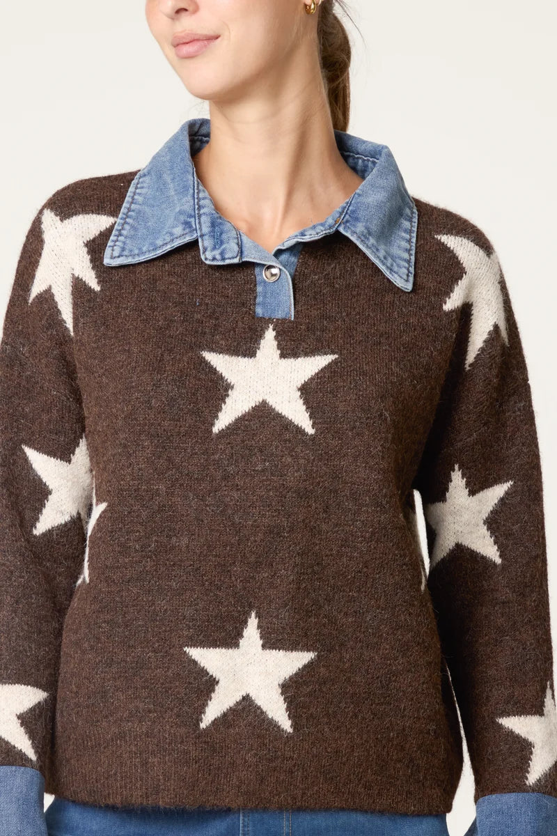 Wild Flower NL261538 Denim Collar Star Knit Jumper