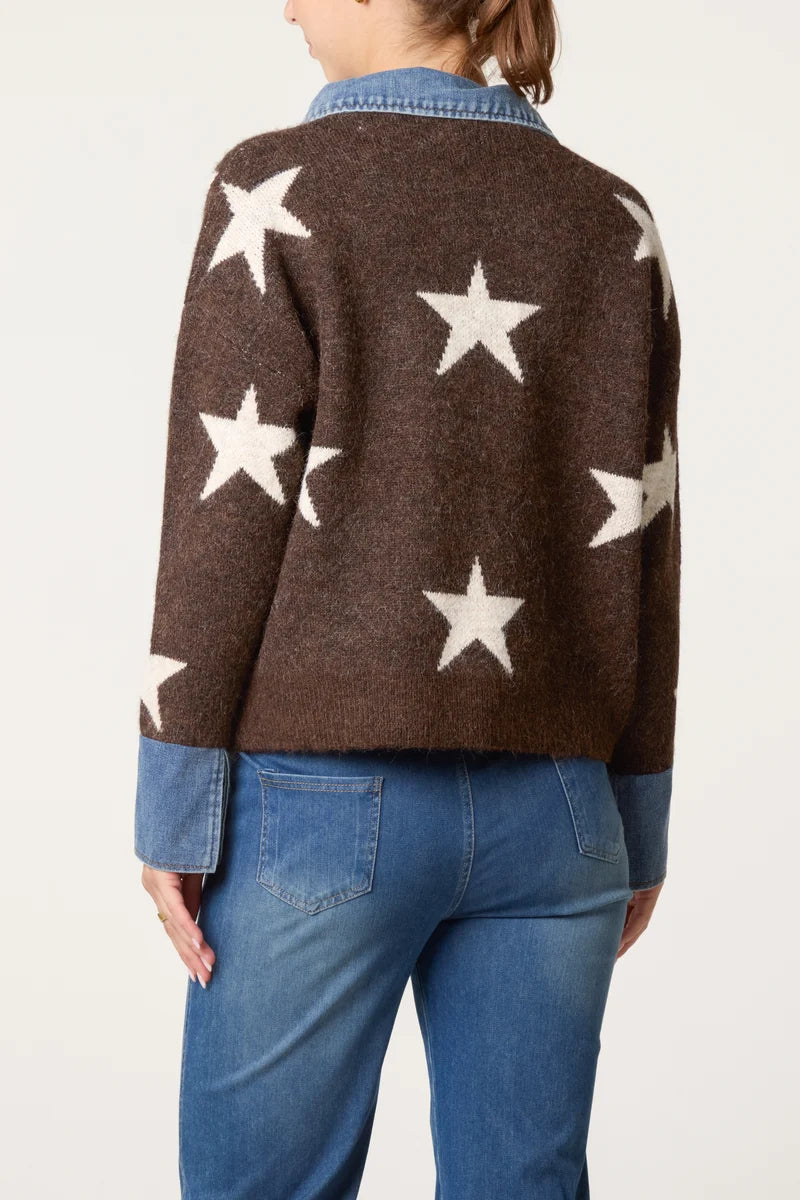 Wild Flower NL261538 Denim Collar Star Knit Jumper