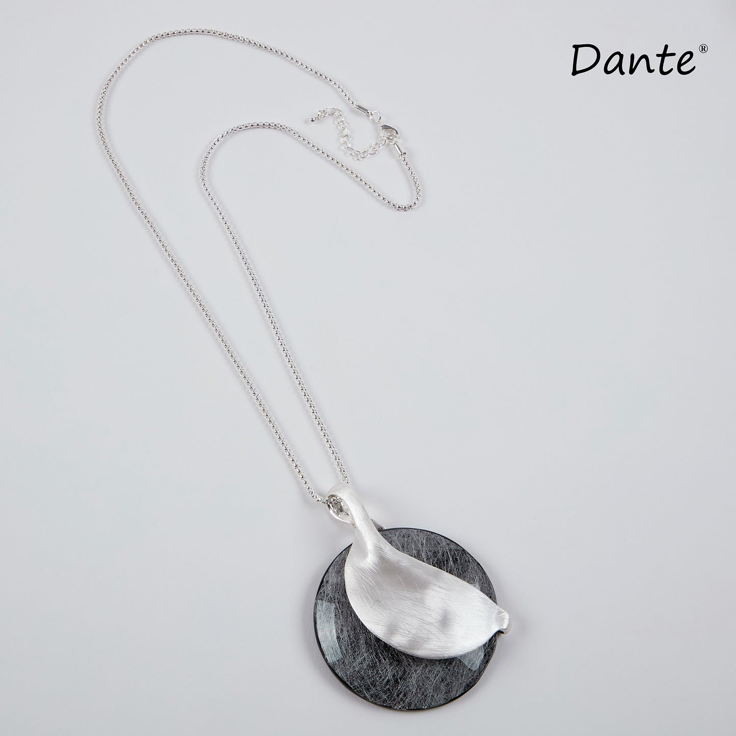 Dante Long Silver Chain Necklace with Big Grey Pendant