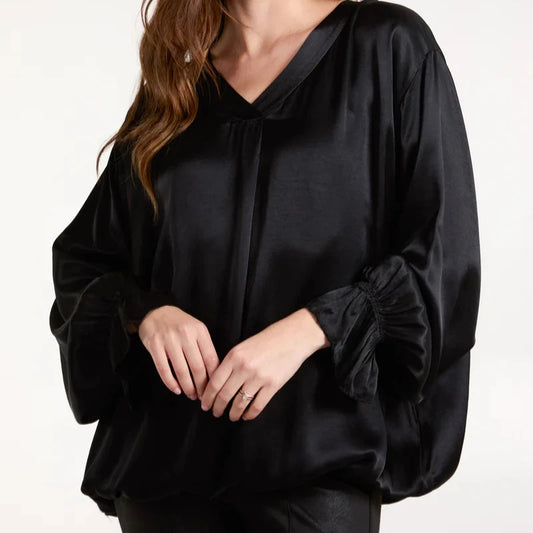 Black Satin V Neck Long Sleeve Blouse