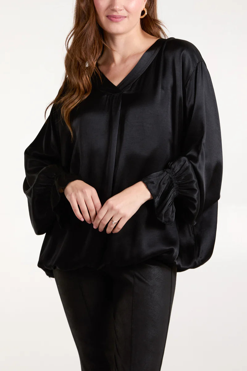 Black Satin V Neck Long Sleeve Blouse