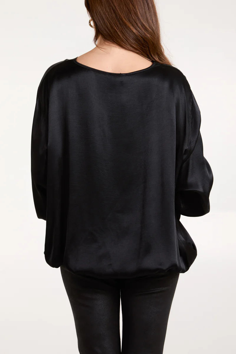 Black Satin V Neck Long Sleeve Blouse