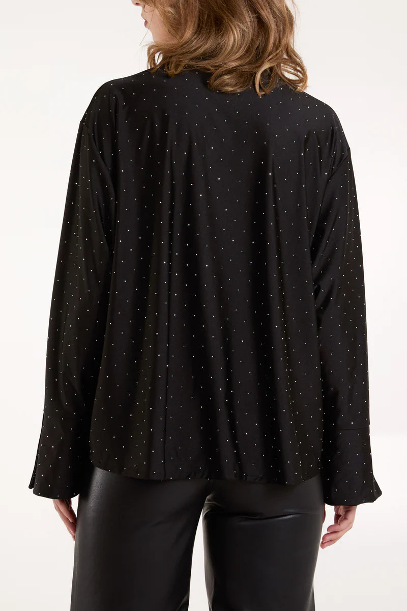 Black Diamante Stretch Collar Shirt