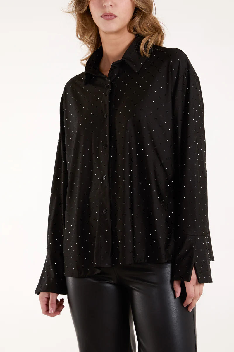 Black Diamante Stretch Collar Shirt