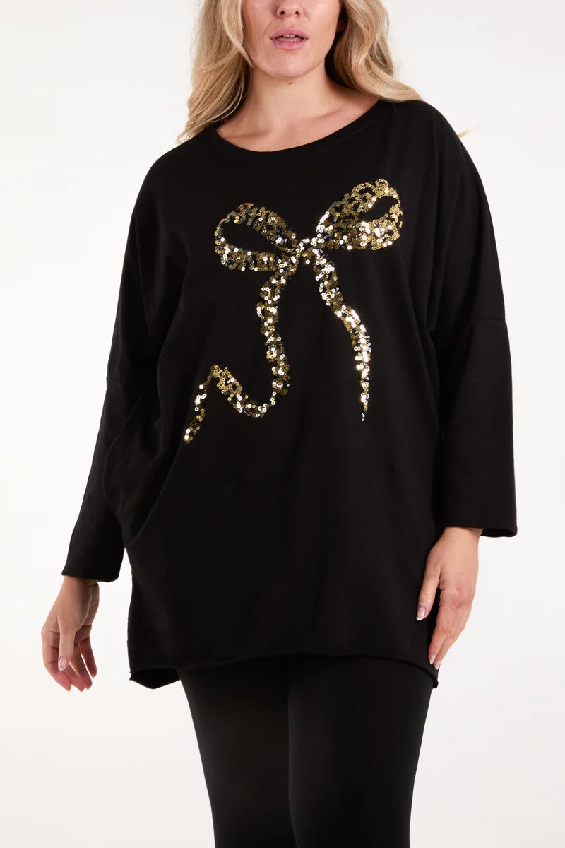 Sequin Bow Sweatshirt with Pockets