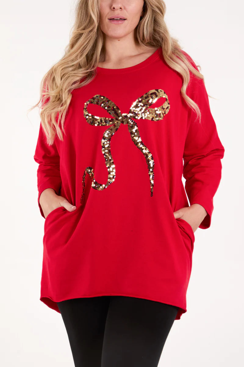 Sequin Bow Sweatshirt with Pockets