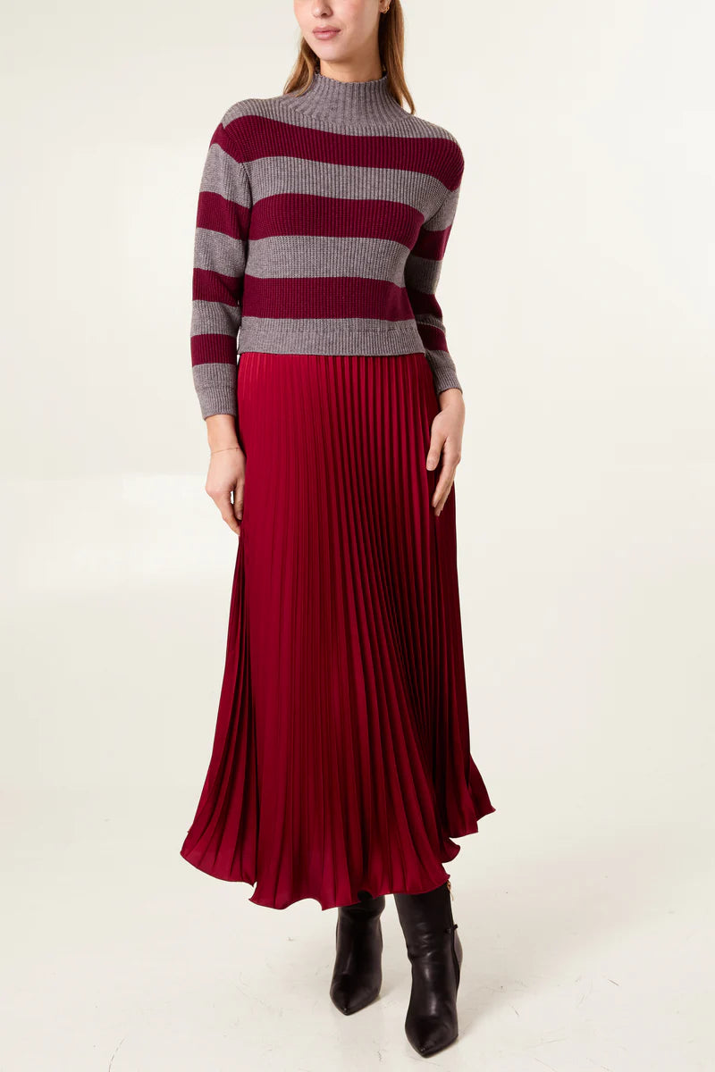 High Neck Striped Jumper Satin Skirt Dress