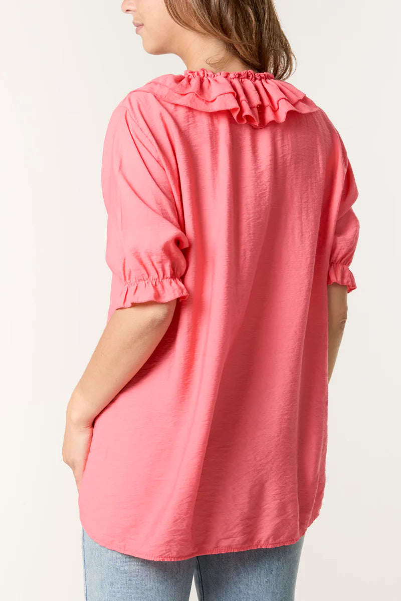 Ruffle Neck Puff Sleeve Blouse