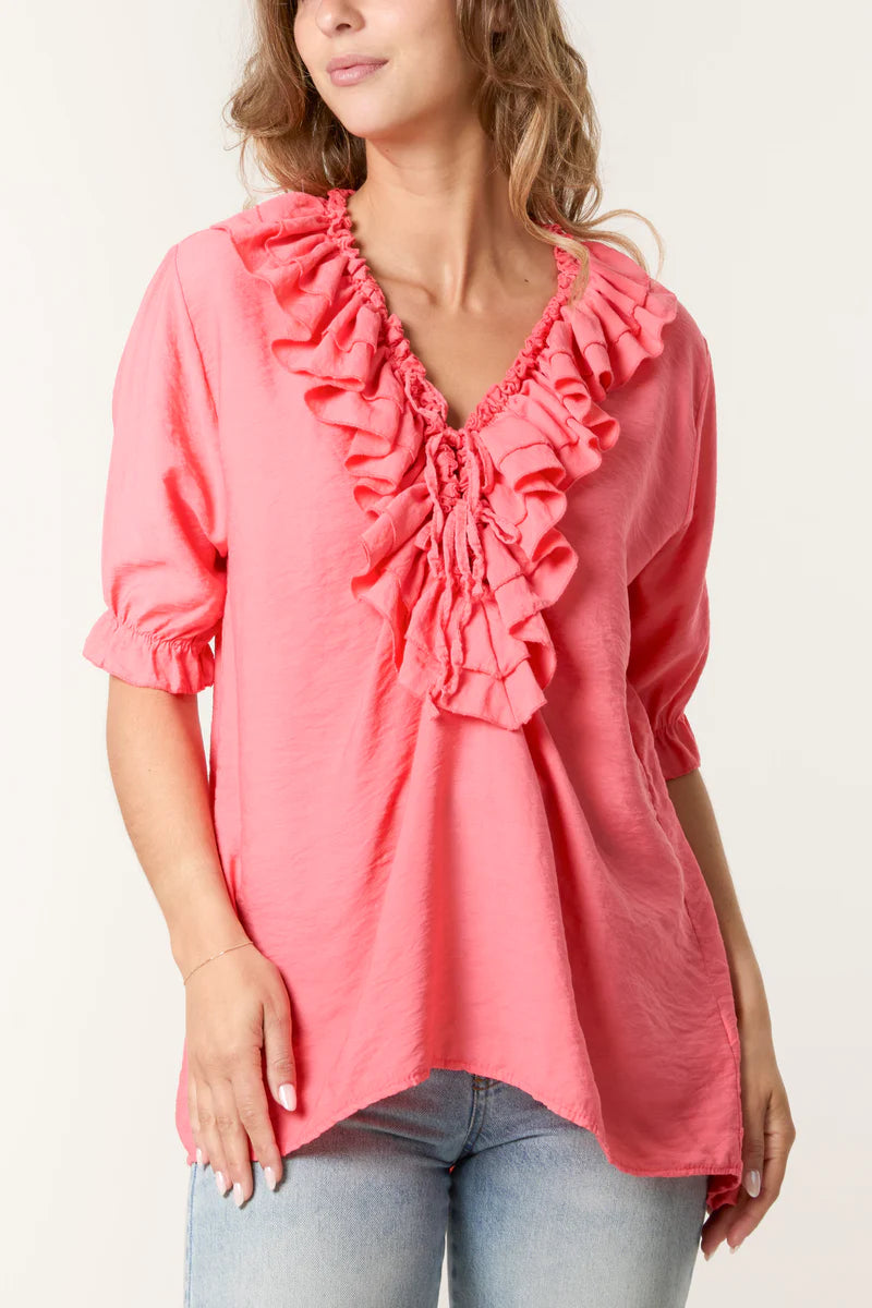 Ruffle Neck Puff Sleeve Blouse