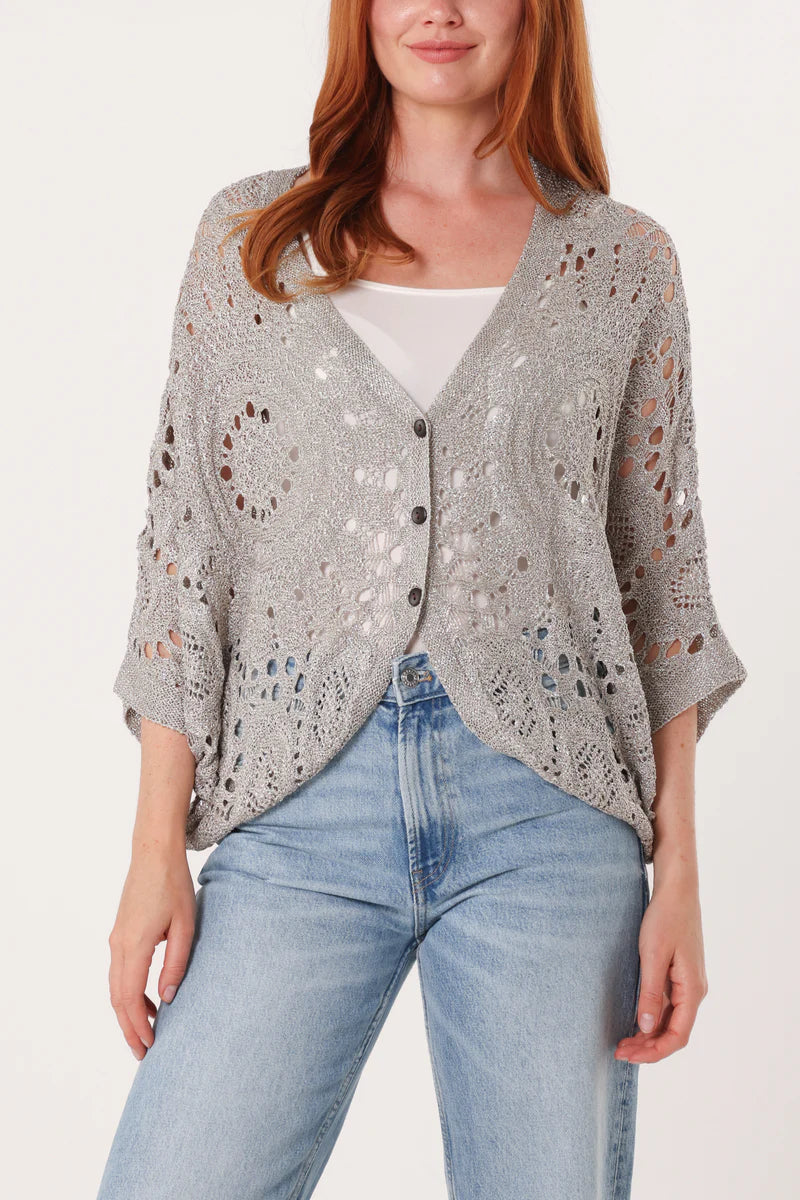 Lurex Knit Crochet Batwing Cardigan