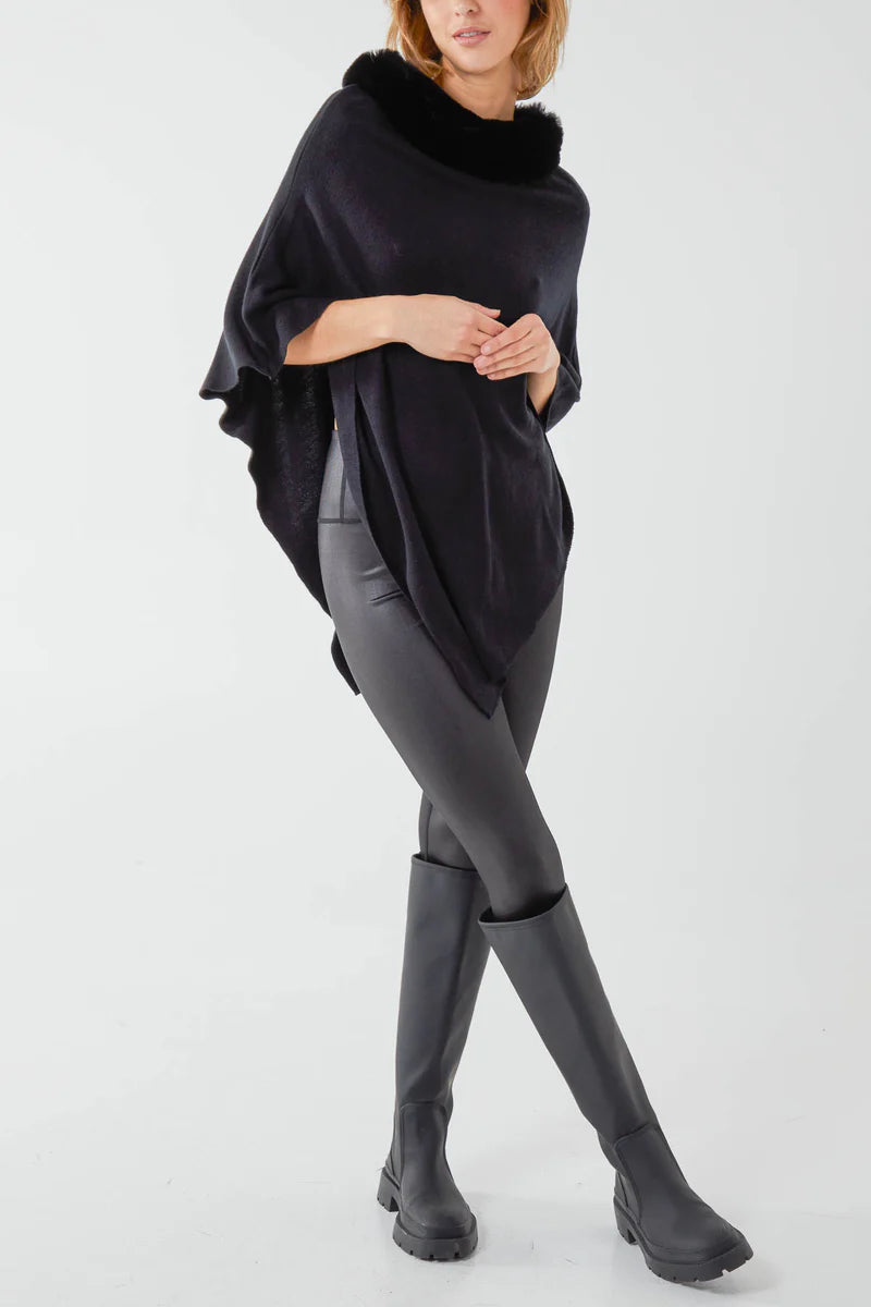 Paramour PK8015 Black Knitted Poncho with furry collar