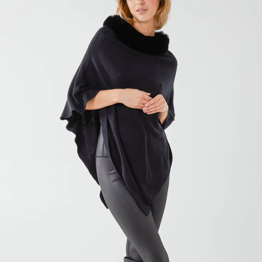 Paramour PK8015 Black Knitted Poncho with furry collar