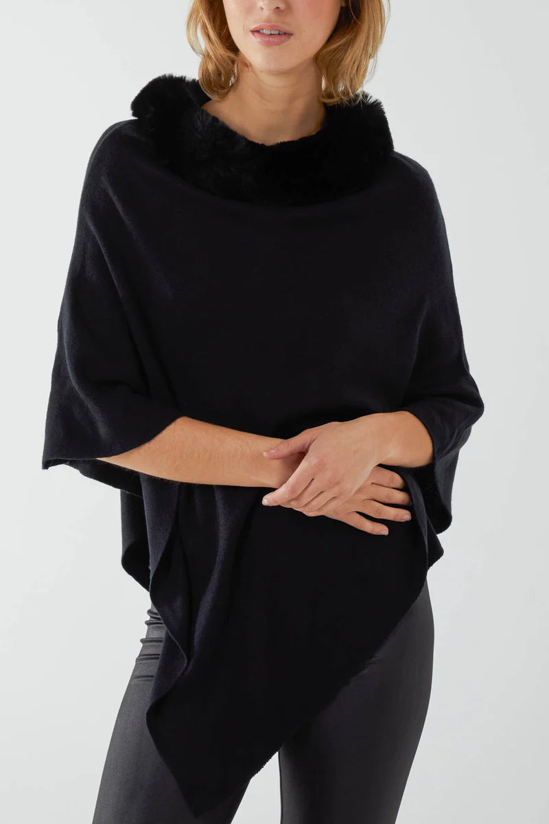 Paramour PK8015 Black Knitted Poncho with furry collar