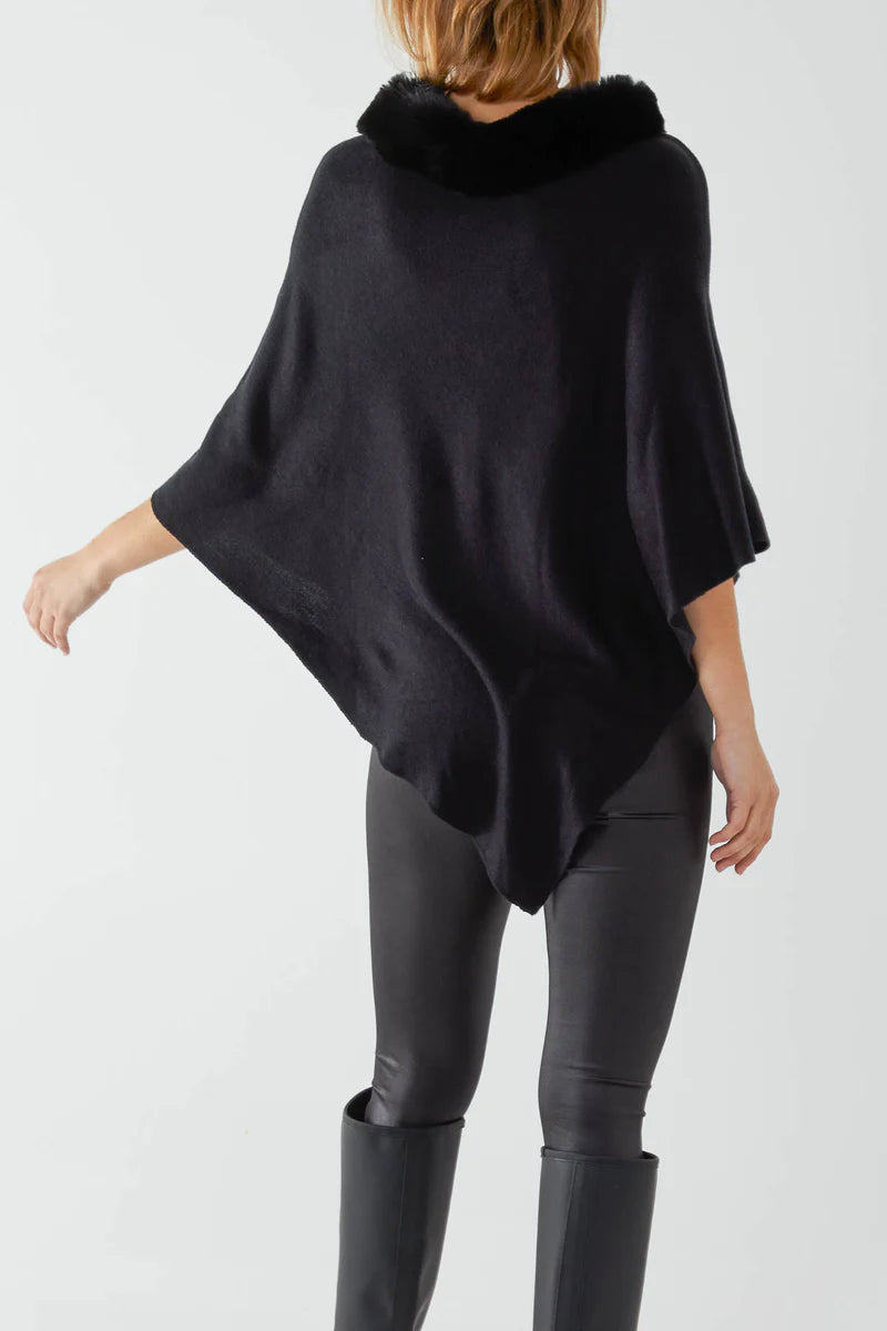 Paramour PK8015 Black Knitted Poncho with furry collar