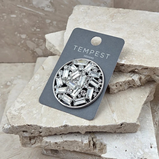 Tempest RX047B Silver Baguette Crystal Magnetic Circular Brooch