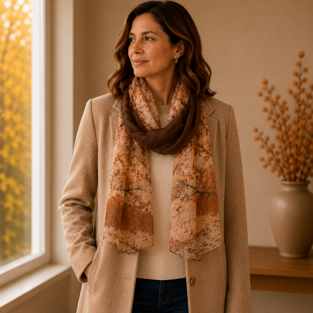 SHCH1603 Patterned Autumn Tones Sheer Scarf