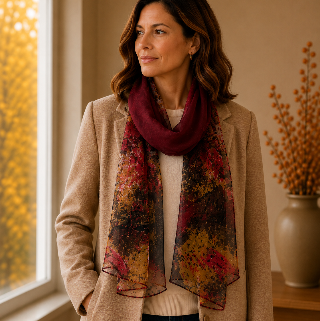 SHCH1603 Patterned Autumn Tones Sheer Scarf