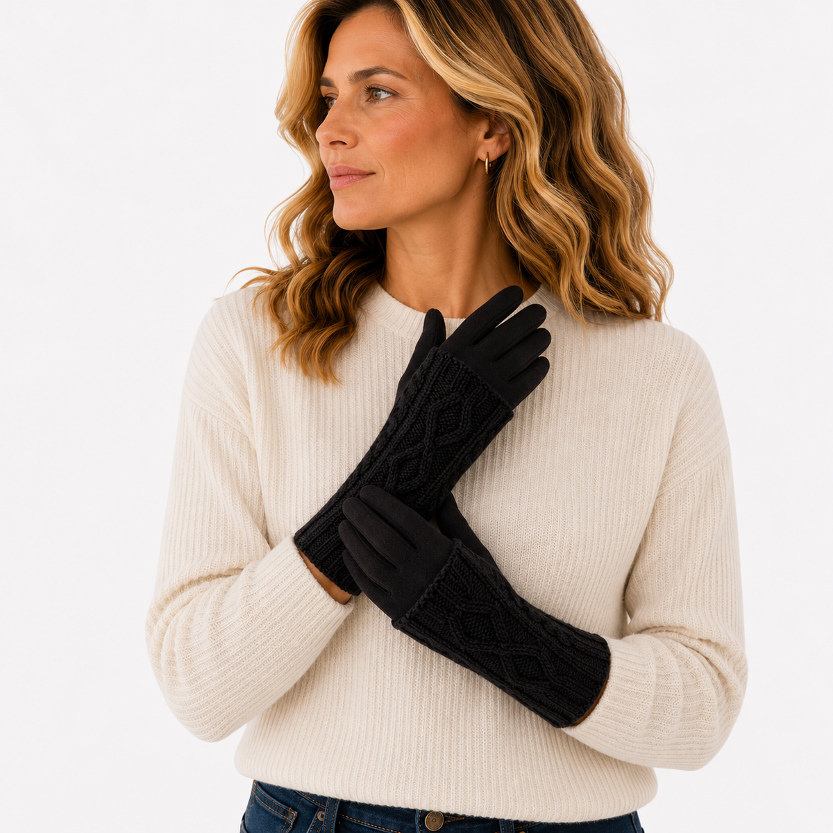 SHGL1743 Cable Knit & Suedette Gloves