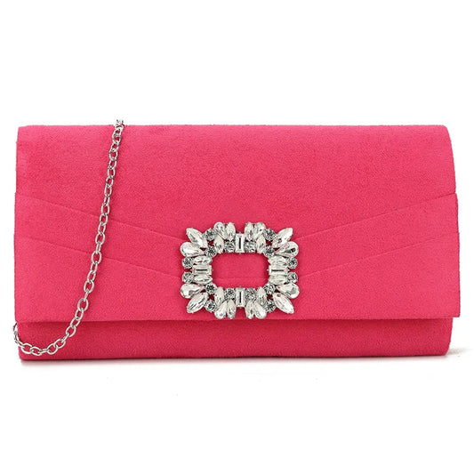 Koko Suedette Clutch Bag with Diamante Detail in Fuchsia Pink