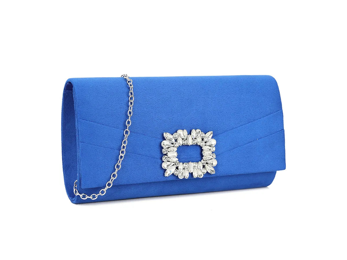 Koko Royal Blue Suedette Clutch Bag with Diamante Detail Lesley Ashworth