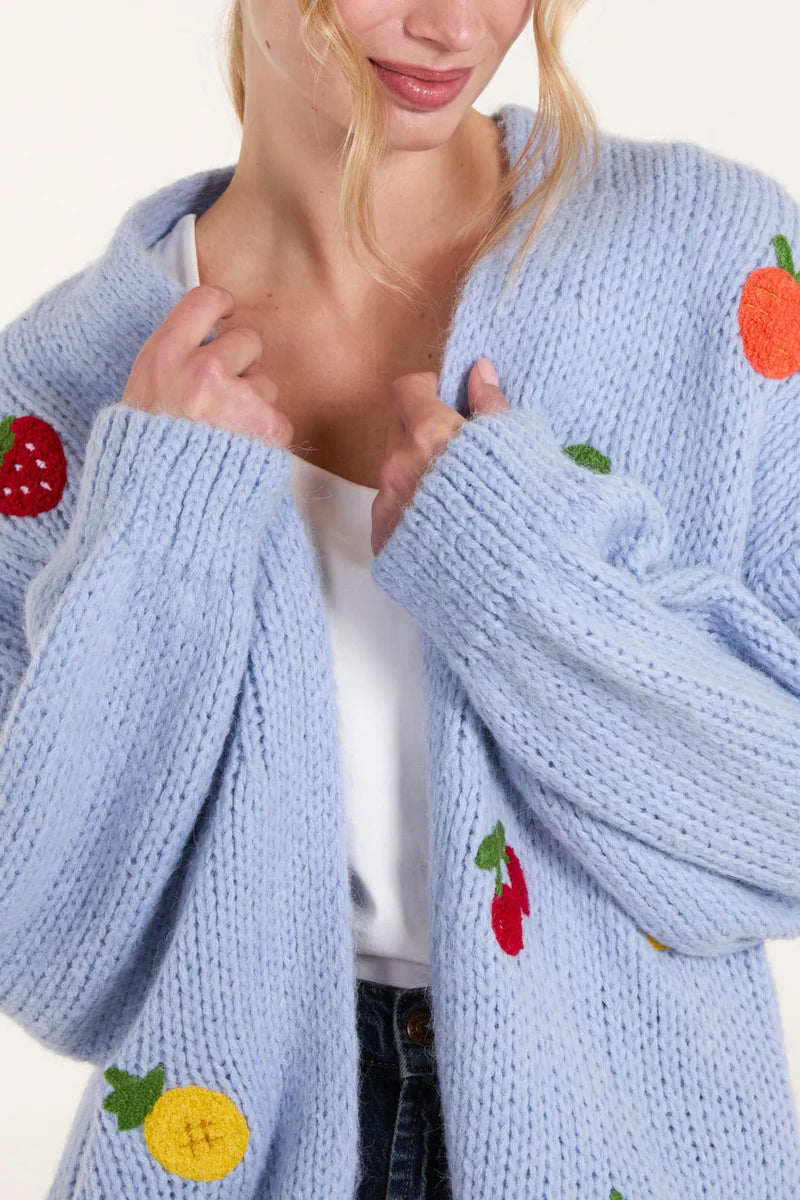 Wild Flower Blue Embroidered Fruit Knit Cardigan