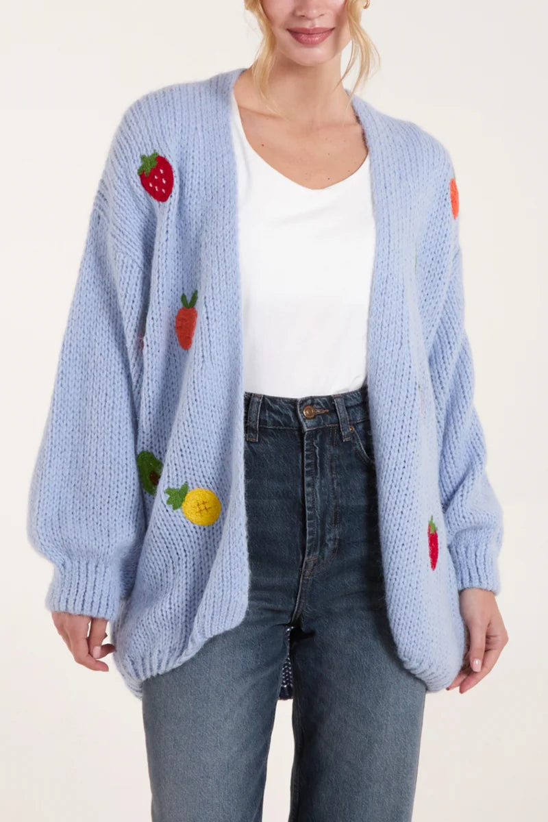 Wild Flower Blue Embroidered Fruit Knit Cardigan