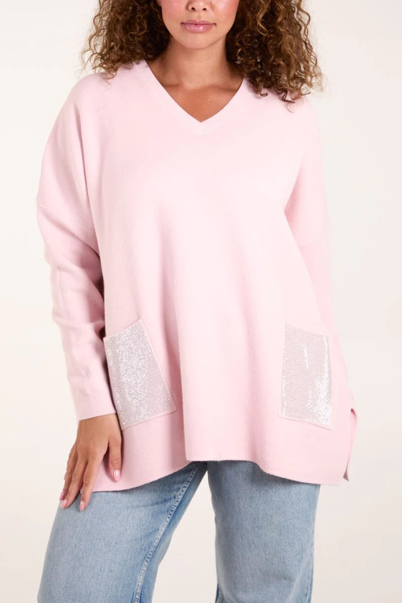 V Neck Embellished Pocket Jumper