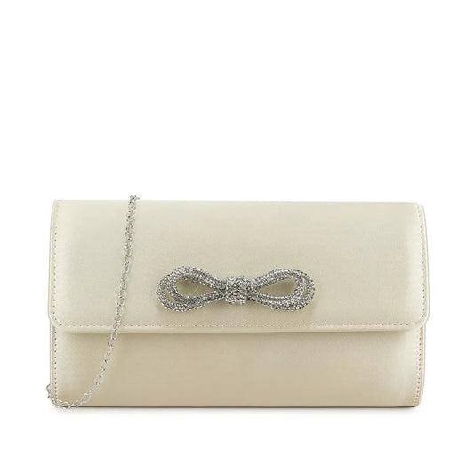 Koko Beige Cream Satin Bag with Diamante Bow