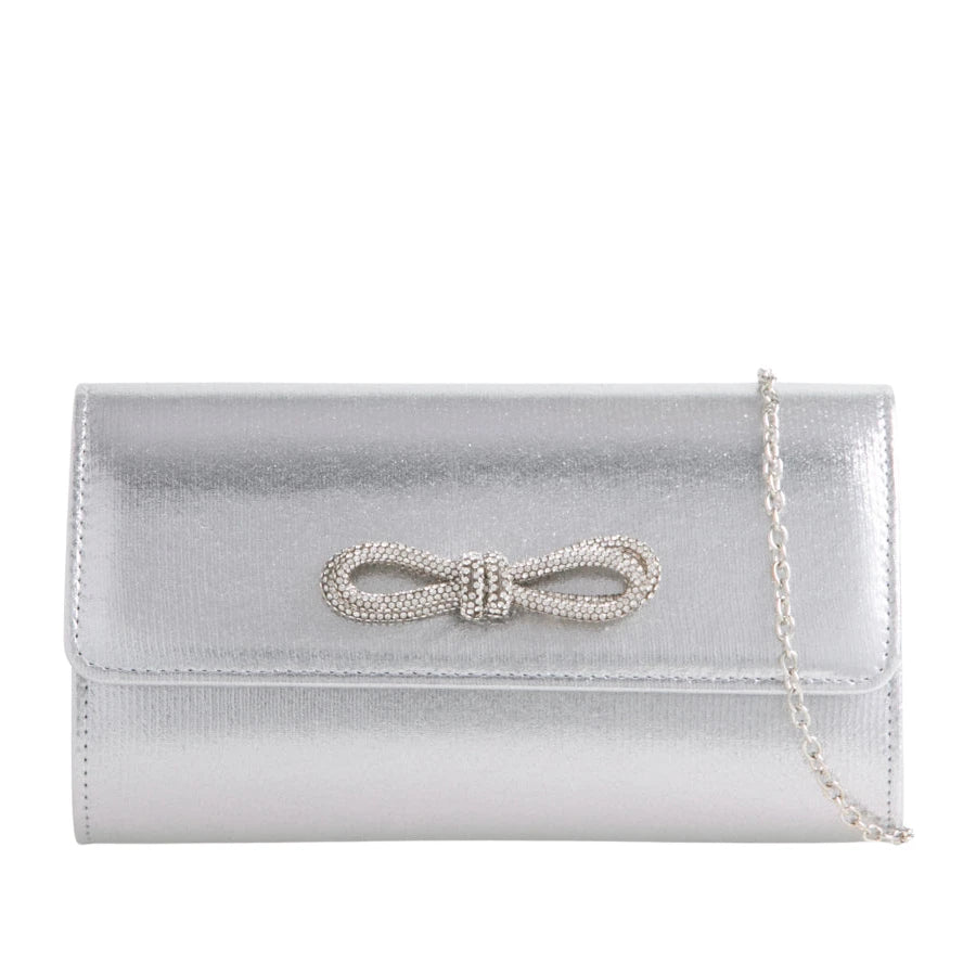 Koko Metallic Silver Satin Bag with Diamante Bow