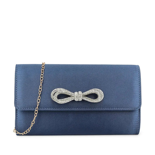 Koko Navy Blue Satin Bag with Diamante Bow