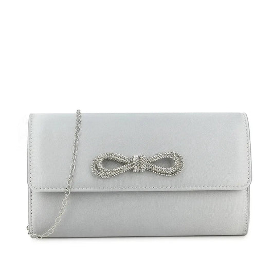 Koko Silver Satin Bag with Diamante Bow