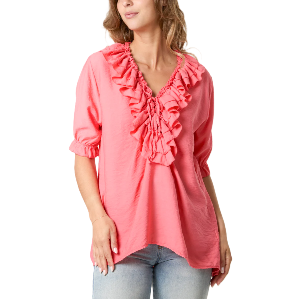 Ruffle Neck Puff Sleeve Blouse
