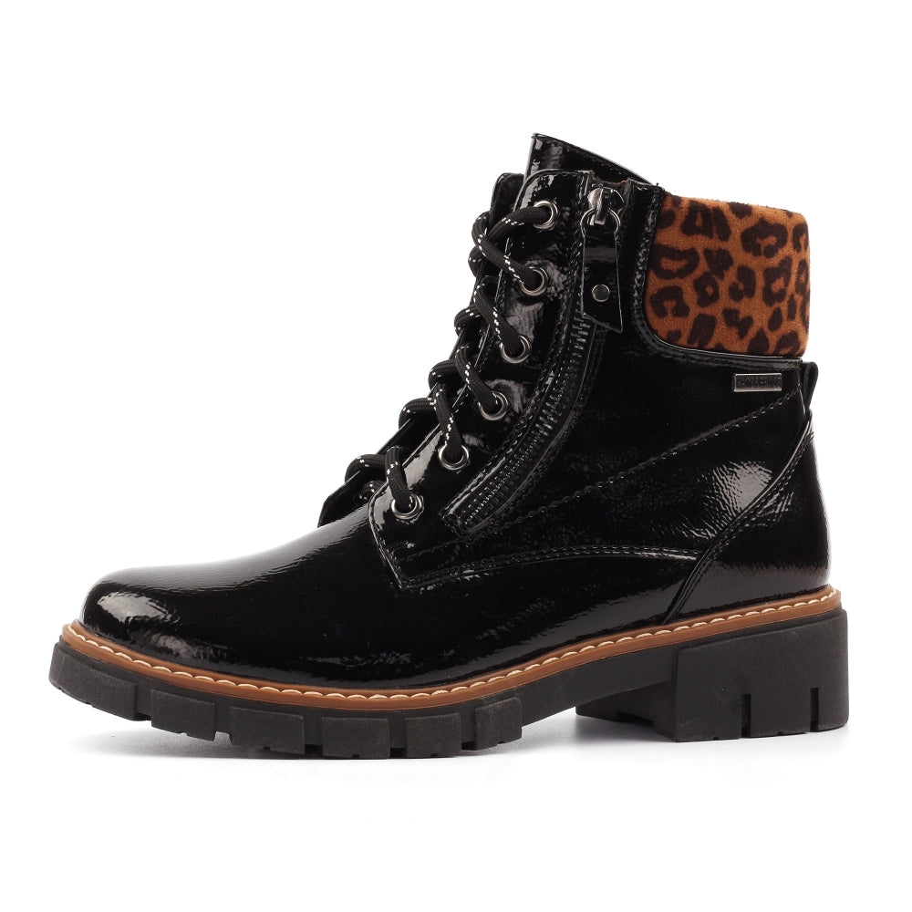 Lunar Bowen Patent Boot with Leopard Trim