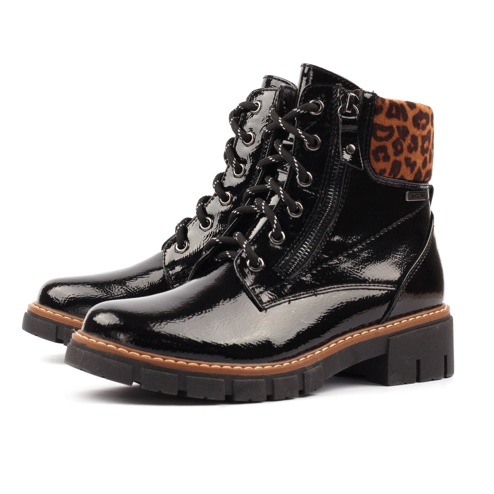 Lunar Bowen Patent Boot with Leopard Trim