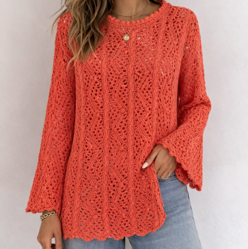 Malissa J WF2050 Bell Sleeve Open Crochet Round Neck Jumper