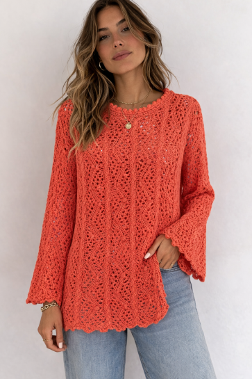 Malissa J WF2050 Bell Sleeve Open Crochet Round Neck Jumper
