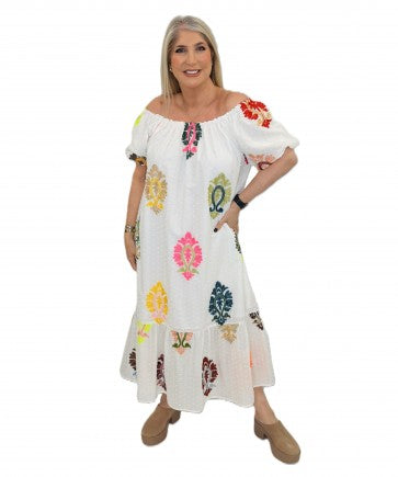 Malissa J WF2836 Multi Embroidered Bardot Style Dress White