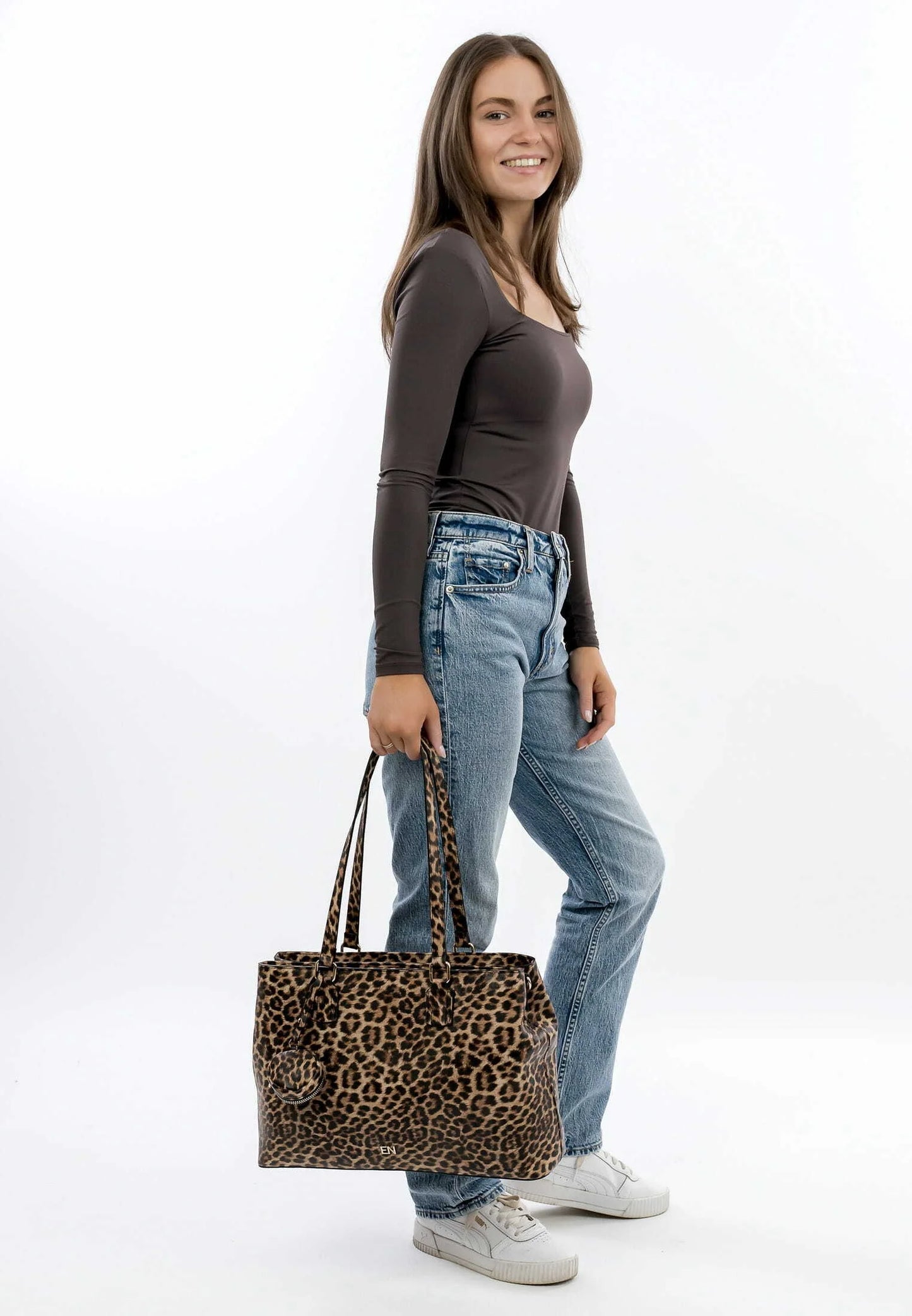 E&N Hanna Leopard Print Double Zip Section Tote Leopard