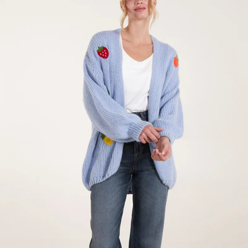 Wild Flower Blue Embroidered Fruit Knit Cardigan