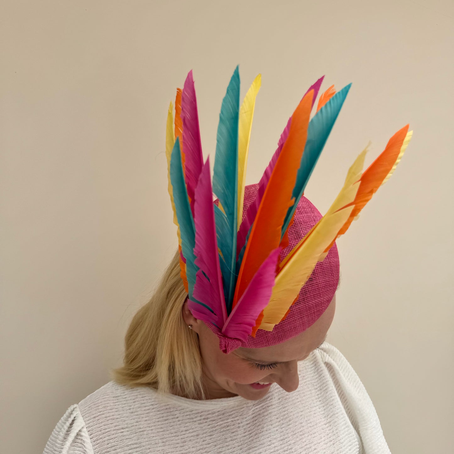 Rainbow Feather Pillbox Hat Pink Multi