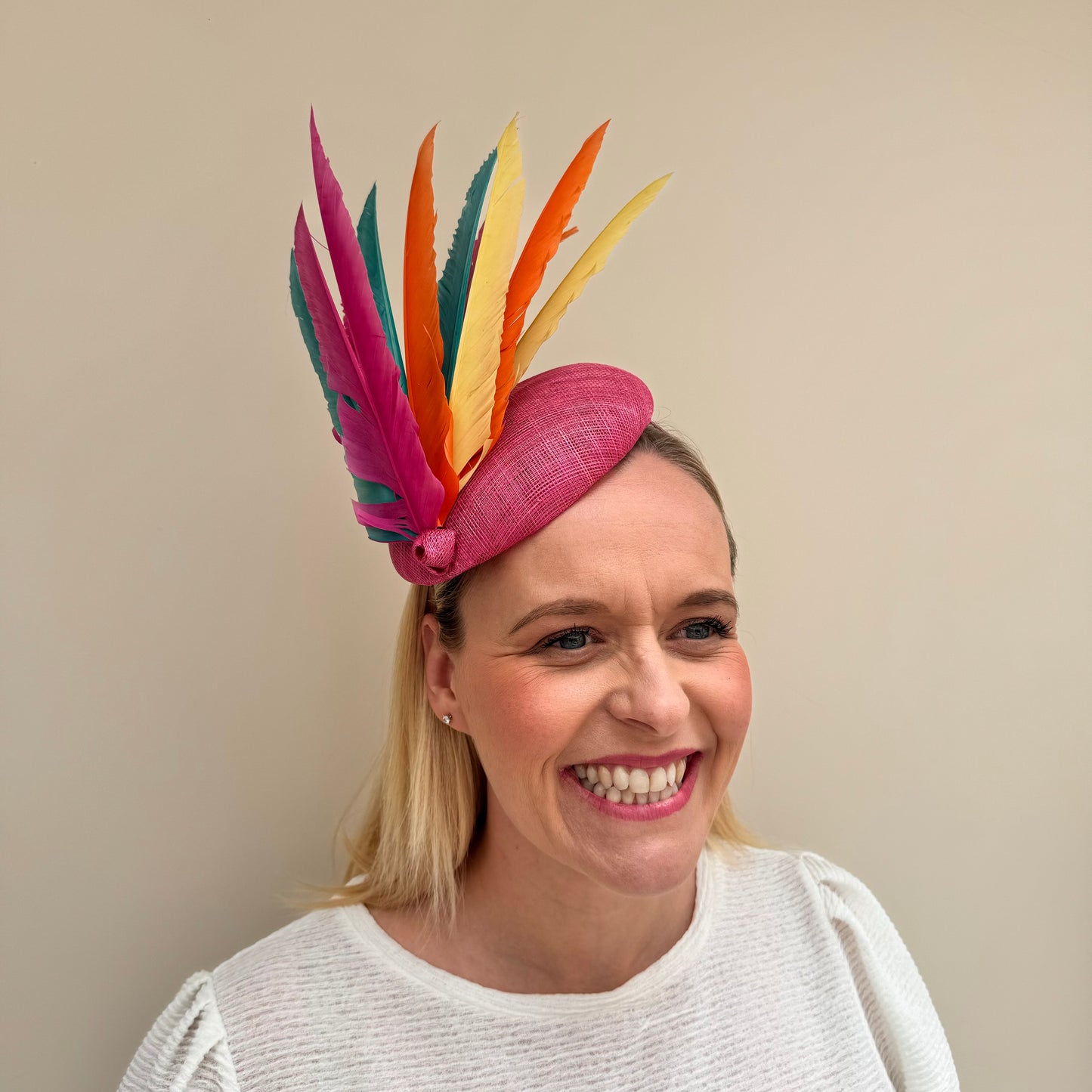 Rainbow Feather Pillbox Hat Pink Multi