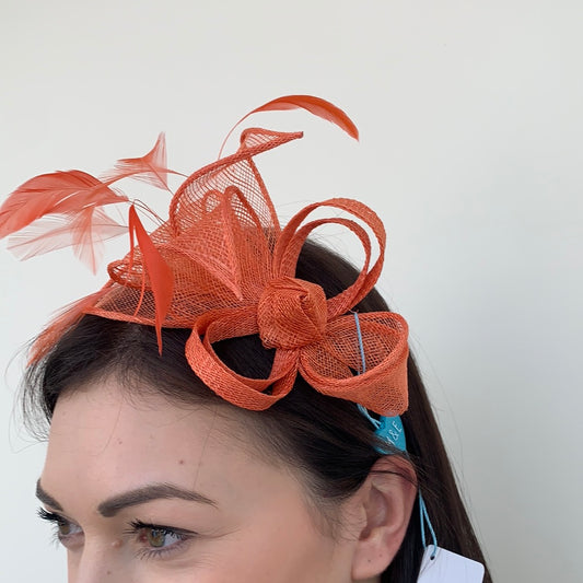 Max and Ellie BF3 Small Fascinator on Headband in Corals & Orange