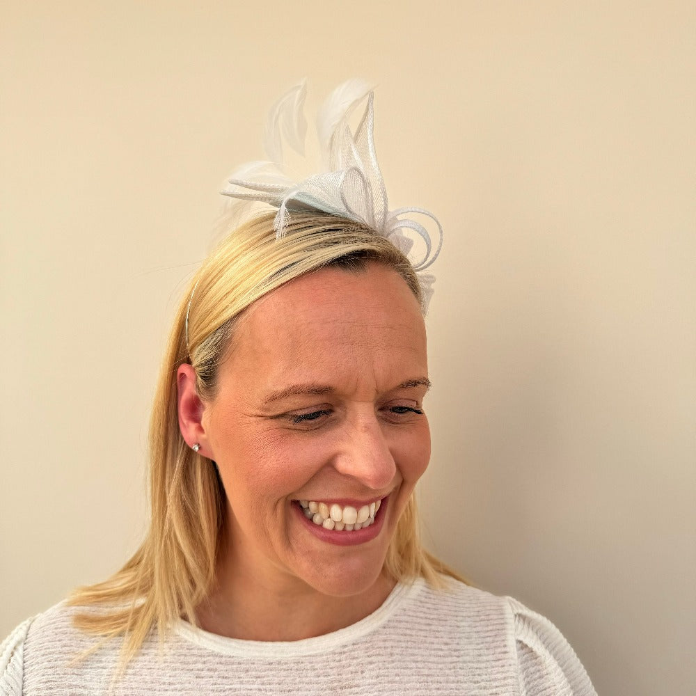 Max and Ellie BF3 Small Fascinator on Headband in White