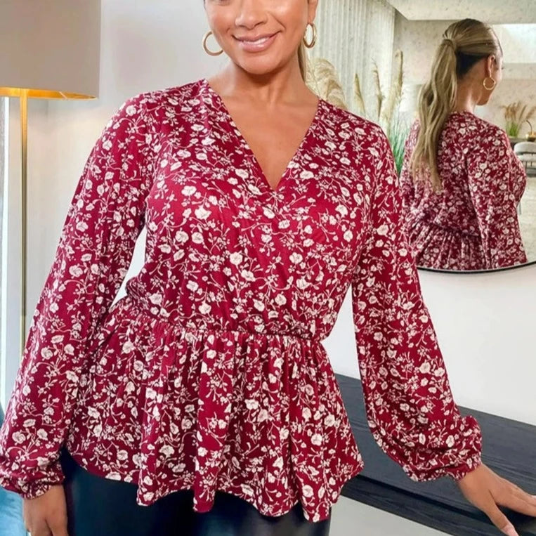 In the Style Wine Floral Peplum Top